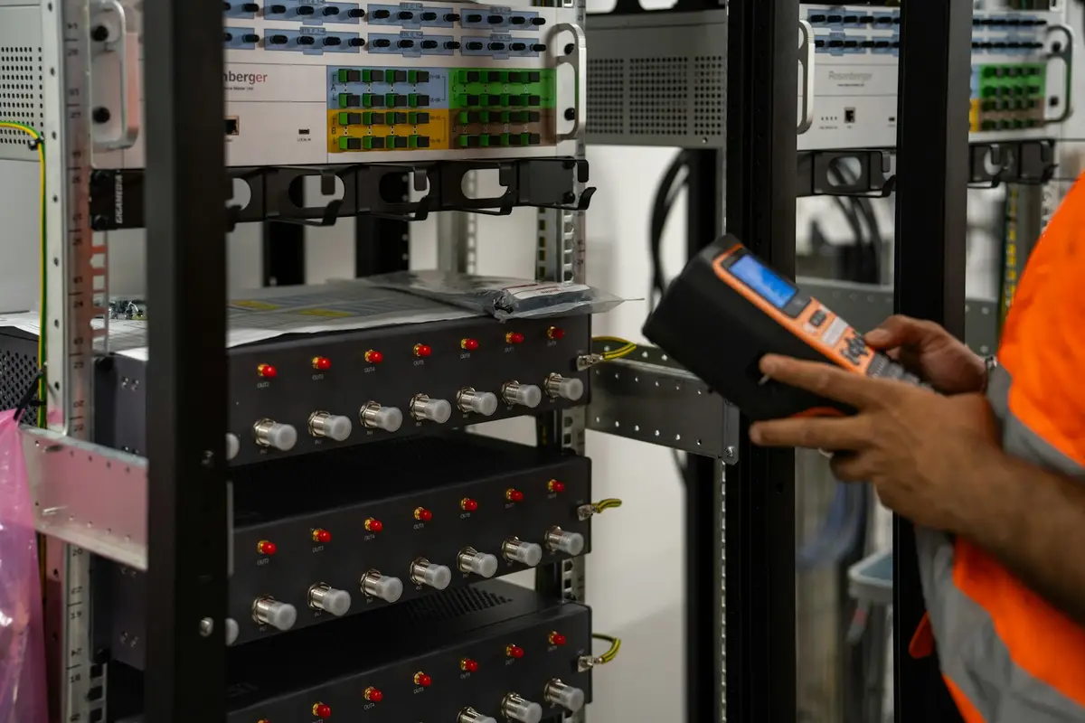 Técnico revisando un rack de servidores durante una visita en sitio